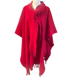 Chic Red Poncho Scarf Set Women's Cozy Wrap Shawl Fringe